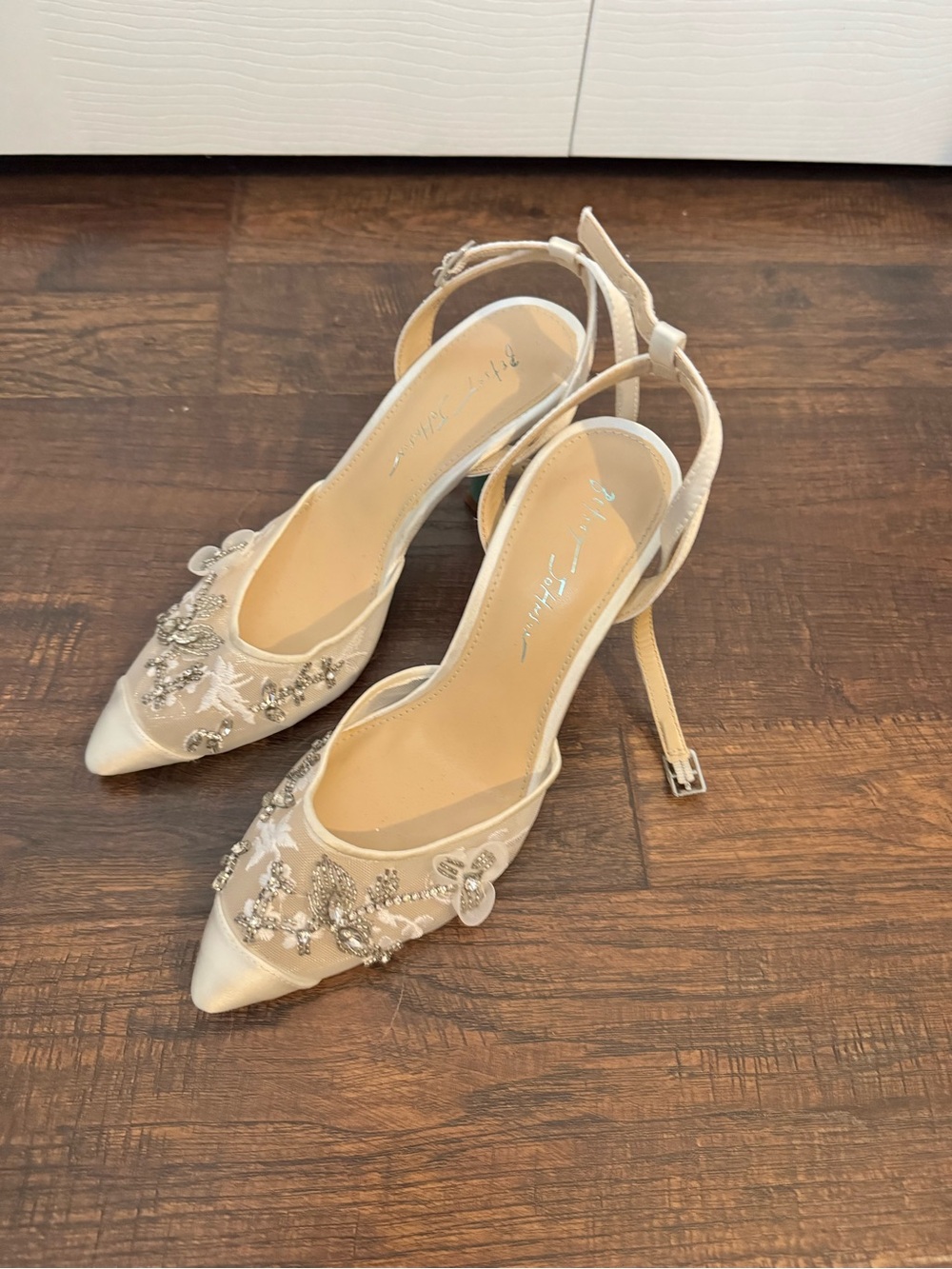 Betsey Johnson Ivory Satin Pointed-Toe Embellished Open Back Heels